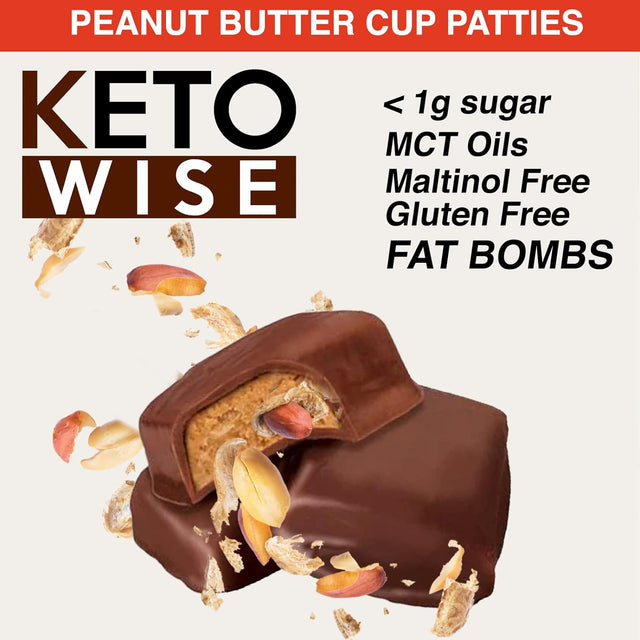 Keto Wise Fat Bombs - Made with Chocolate Containing MCT Oil - Low Fat, Low Carb and Keto Friendly Snack - 10G Fat, 1G Net Carbs | Peanut Butter Cup Patties, 16 Count (Pack of 1)