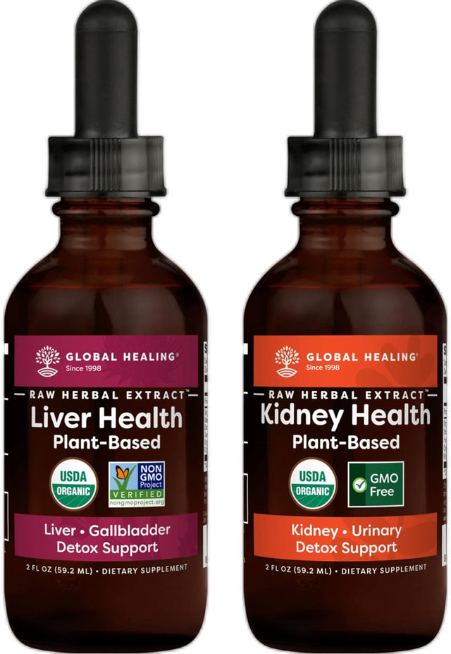 Global Healing Center Liver & Kidney Health Kit - Liquid Supplement Drops Support Liver and Gallbladder Detox & Function and Organic Kidney Cleanse & Urinary Health for Bladder - 2 Fl Oz Each