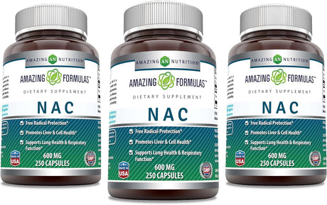 Amazing Formulas NAC (N-Acetyl Cysteine) - 600Mg Capsules- Antioxidant Support- Promotes Heart, Kidney, Liver & Respiratory Function * (250 Count (3 Pack))