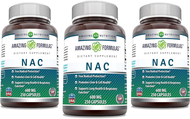 Amazing Formulas NAC (N-Acetyl Cysteine) - 600Mg Capsules- Antioxidant Support- Promotes Heart, Kidney, Liver & Respiratory Function * (250 Count (3 Pack))