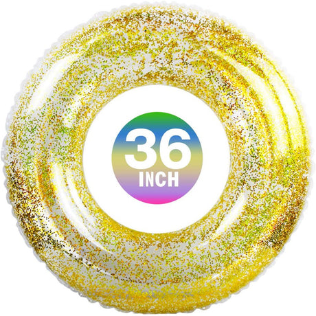 Gara Inflatable Swim Ring, Pool Ring Floating Pool Tube, Glitter Pool Swim Tube Ring for Kids, Adults, Yellow Sequins Glitter Pool Float for Beach Lake - 36 Inch