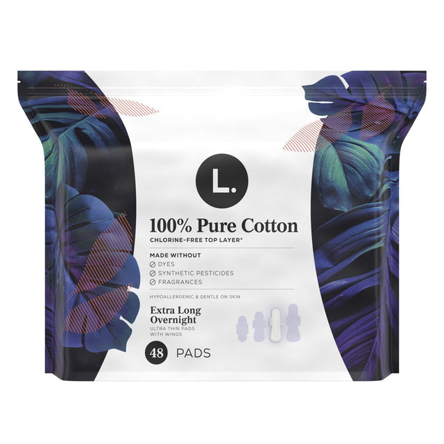 L. Ultra Thin Pads, Overnight Absorbency, 48 Ct, 100% Pure Cotton Top Layer