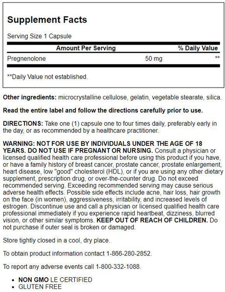 Life Extension Pregnenolone, 50 Mg - Hormone Balance, Anti-Aging & Longevity, Memory/Cognition Supplement - Gluten-Free, Non-Gmo - 100 Capsules