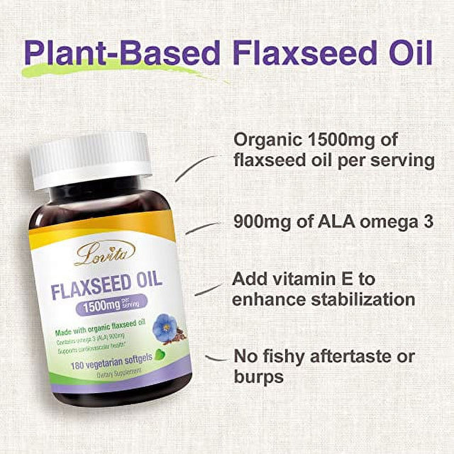 Lovita Organic Flaxseed Oil 1500Mg with Max 900Mg ALA, High Potent ALA Supplement, Vegan Omega 3 for Cardiovascular, Brain & Healthy Hair, Skin & Nails, Natural Flaxseed Oil, 180 Softgels