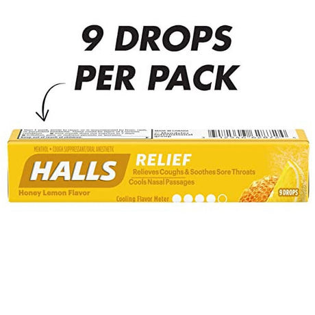 HALLS Relief Honey Lemon Cough Drops, 20 Packs of 9 Drops (180 Total Drops)