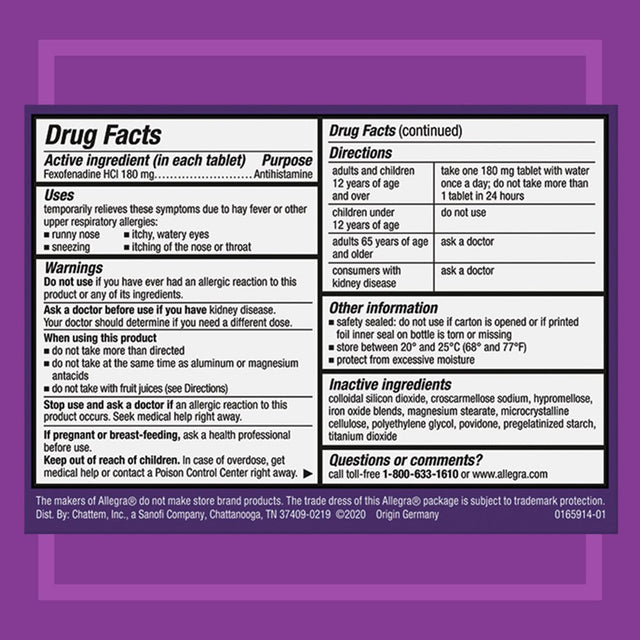 Allegra Adult 24HR Non-Drowsy Allergy Symptom Relief Tablets, 60 Ct