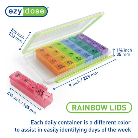 Ezy Dose Weekly (7-Day) Pill Organizer, 4 Times a Day, Travel Compartments, Rainbow