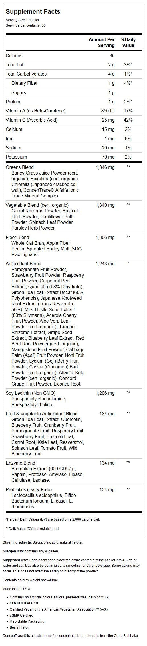 Greens Pack Berry by Trace Minerals Research - 30 Packets