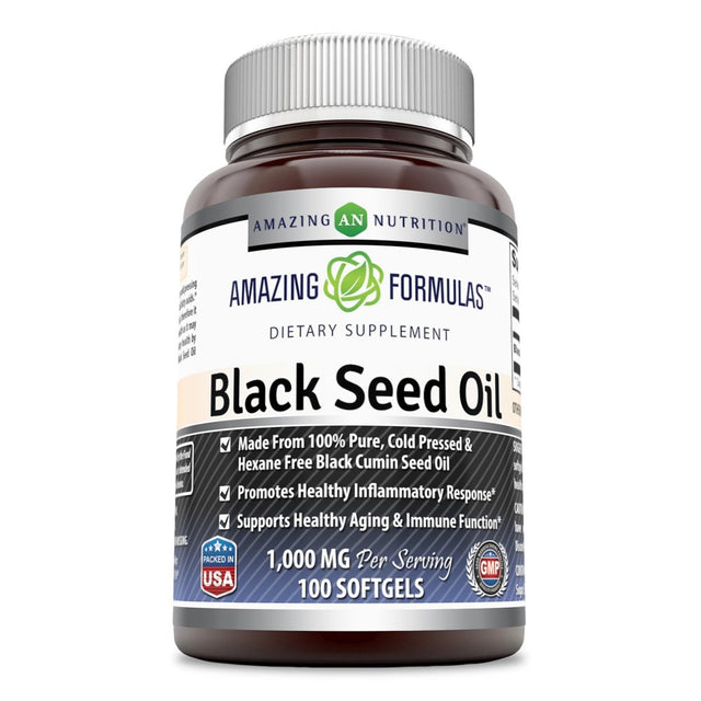 Amazing Formulas Black Seed Oil Natural Dietary Supplement - Cold Pressed Black Cumin Seed Oil from 100% Genuine Nigella Sativa - 1000 Mg 100 Softgels