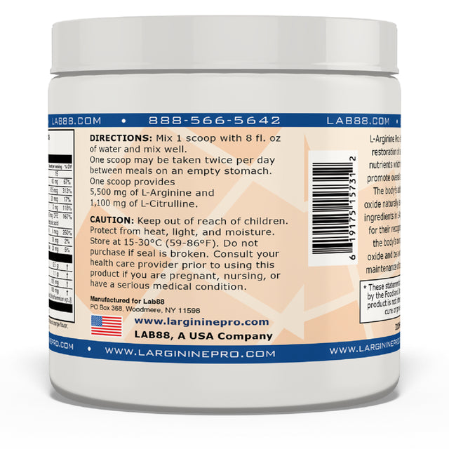 L-Arginine Pro Powder - 5500Mg L-Arginine, 1100Mg L-Citrulline Cardio Health (Citrus Orange, (6) Jars)