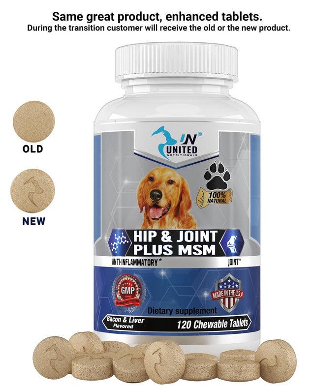 Hip and Joint Support for Dogs, Glucosamine, MSM, Chondroitin, Pain Relief, Joint Inflammation, Healthy Cartilage and Mobility - 60 Natural Chewable Tablets.