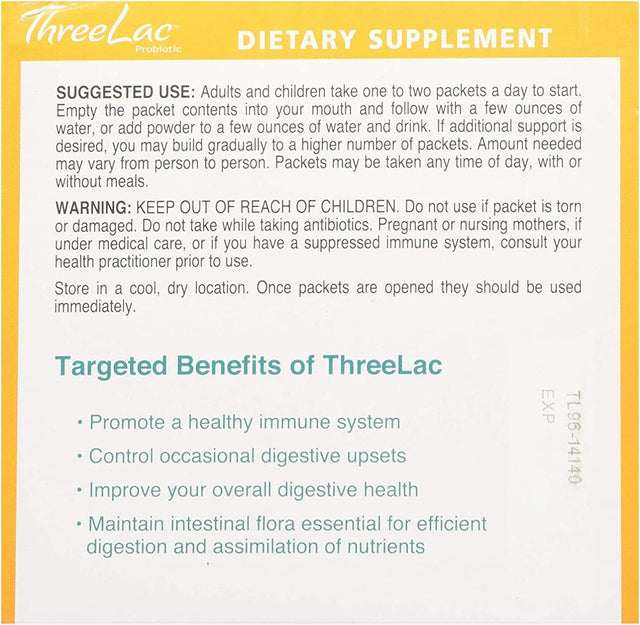 Threelac Probiotic Natural Lemon Flavor Dietary Supplement (2 Boxes) 60 Packets Supports Intestinal and Digestive Health