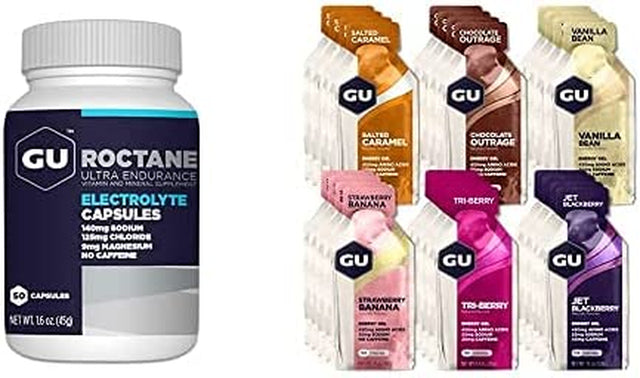 GU Energy Variety Pack, Roctance Ultra Endurance Electrolye Capsules (50-Count Bottle) and Assorted Flavors Energy Gels (24-Count)