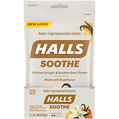 Halls Honey Vanilla Menthol Cough Suppressant/Oral Anesthetic 12-30 Ct. Pouches