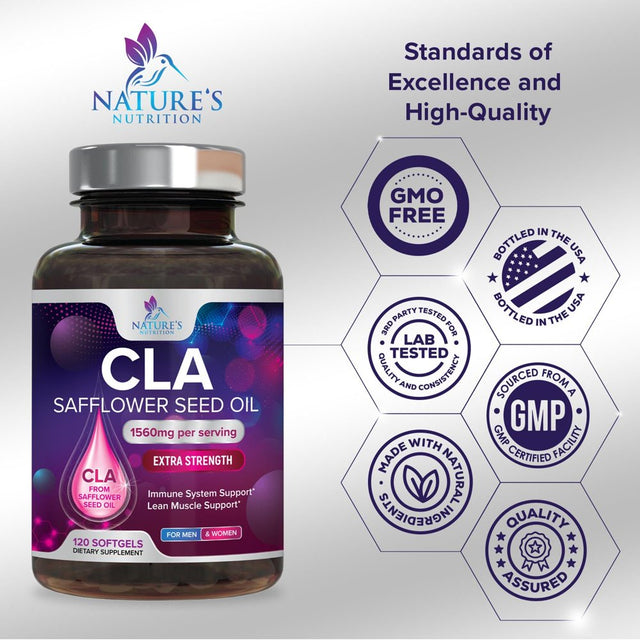 Conjugated Linoleic Acid CLA 1560Mg - Extra High Potency CLA Supplement Pills - Improve Body Composition & Lean Muscle Tone, Metabolism & Energy - Nature'S Safflower Capsules, Non-Gmo - 120 Softgels