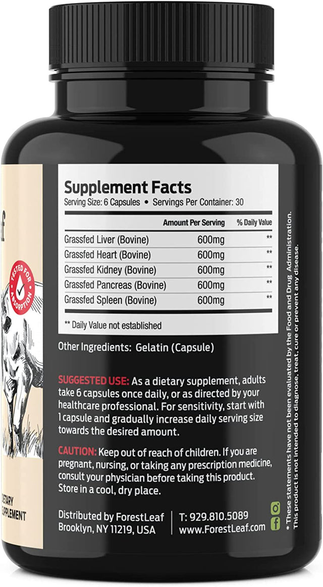Forest Leaf Grass Fed Beef Organ Supplement with Liver, Heart, Spleen & Kidney, 180 Count