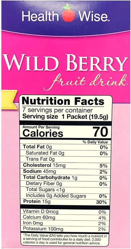 Healthwise - Wild Berry Fruit Drink - for Weight Loss - Hunger Suppressant - 1 Gram of Carbohydrate - 70 Calories - 15 Grams of Protein - (7 Packets 0.69 OZ Packets Net 4.83 OZ) - by Fit Wise