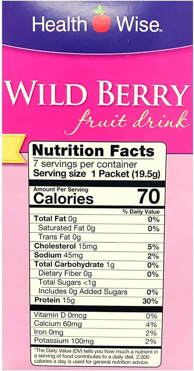 Healthwise - Wild Berry Fruit Drink - for Weight Loss - Hunger Suppressant - 1 Gram of Carbohydrate - 70 Calories - 15 Grams of Protein - (7 Packets 0.69 OZ Packets Net 4.83 OZ) - by Fit Wise
