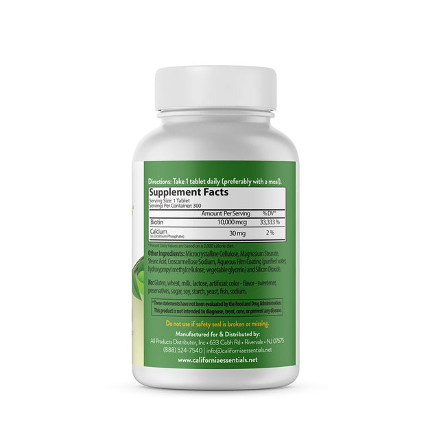 California Essentials Biotin 10000Mcg Hair Skin and Nails Vitamins, Help in Your Diet, 300 Tablets