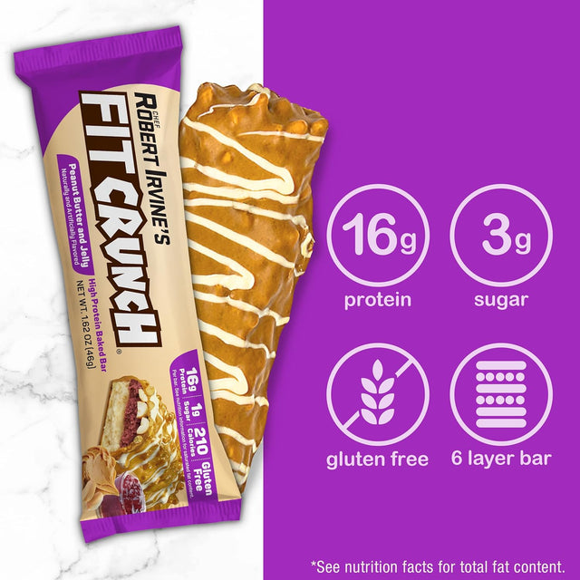 FITCRUNCH Snack Size Protein Bars, Designed by Robert Irvine, 6-Layer Baked Bar, 1G of Sugar, Gluten Free & Soft Cake Core (9 Bars, Peanut Butter and Jelly)