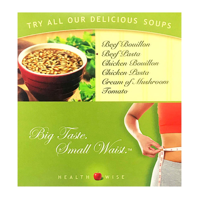 Healthwise Beef Soup with Pasta For- Hunger Control - for Weight Loss- - Protein Supplement - (7 Packets of 0.95 Oz., Net 6.67 Oz.) - 15 Grams of Protein - 90 Calories