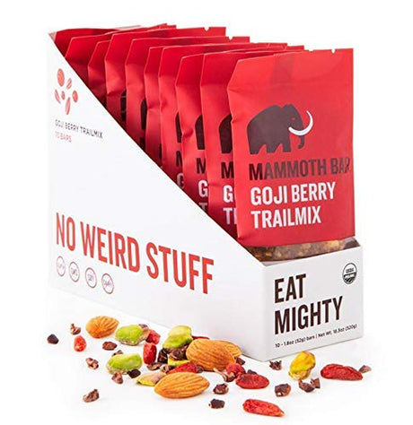 Goji Berry Trailmix Bar- Paleo, Gluten Free and Raw by Mammoth Bar, Organic10-12G Protein, 1.8 Oz. Bar (10 Bars)