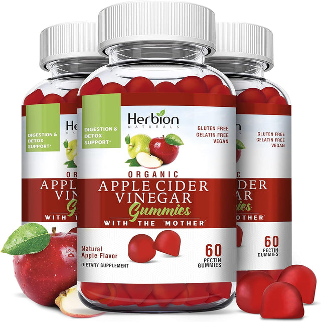 Herbion Naturals Organic Apple Cider Vinegar Gummies with the “Mother”, Digestion and Detox Support, Pectin Based, Vegan, Made in the USA - (Pack of 3, 180 Gummies)