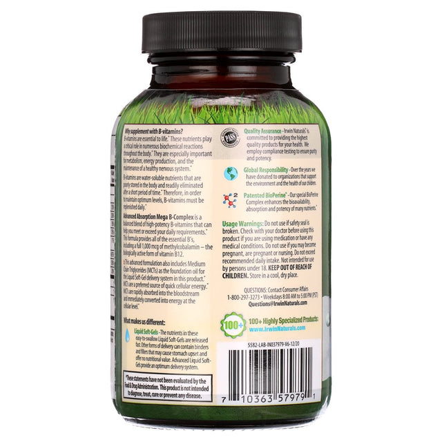 Irwin Naturals Mega B Complex with Quick Energy Mct'S 60 Liquid Softgels with Pill Case