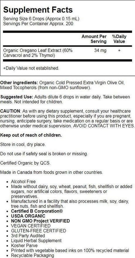 Garden of Life Mykind Organics, Oil of Oregano Seasonal Drops, 1 Fl Oz (30 Ml)