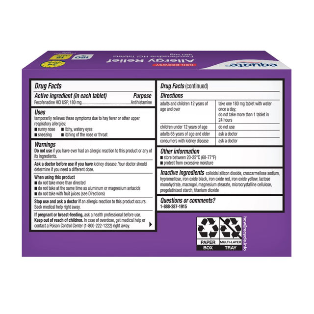 Equate Non-Drowsy Allergy Relief Fexofenadine 180Mg Caplets, 15 Count