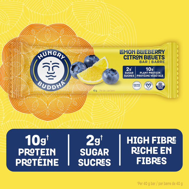 HUNGRY BUDDHA Bars - Plant Based Protein Bars - Vegan Nutrition Bars - Low Sugar Healthy Snacks - Gluten Free Snack Bars - Peanut Free - Protein Bar - Keto Bar - 12 Count - [Lemon Blueberry]