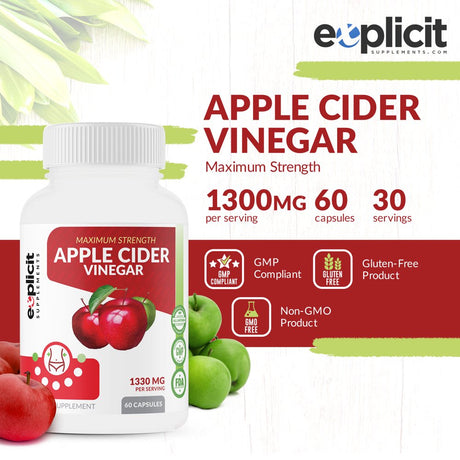 Explicit Supplements, Apple Cider Vinegar Pills, All Natural Powerful Weight Loss Aide, 1300Mg Dose - 60 Capsules - 1 Month