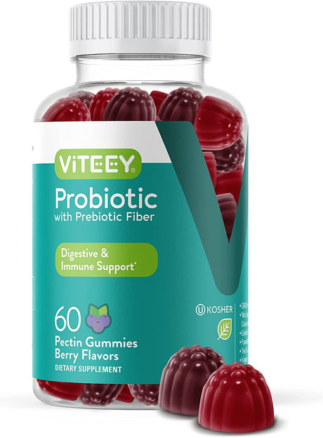 Probiotics plus Prebiotics Fiber Gummies, Extra Strength 2 Billion Cfus for Immune Support and Digestive Support, Dualbiotic Vegan and Pectin Chewable Gummy, for Men Woman Teens & Kids, Berry Flavor