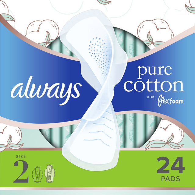 Always Pure Cotton Feminine Pads with Wings, Size 2, Heavy Absorbency, 24 Count
