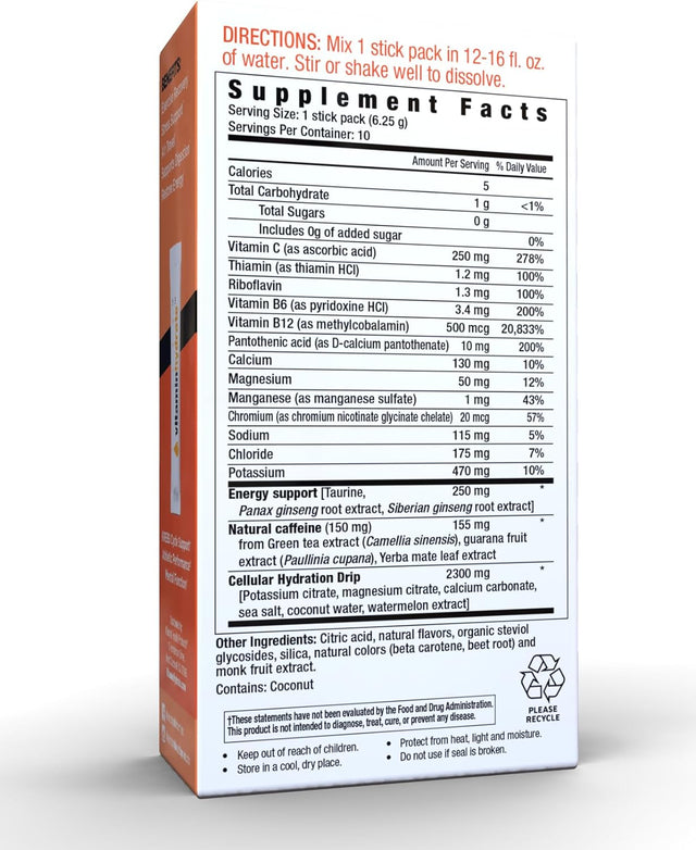 Hydration Powder, Electrolyte Supplement Drink Mix, Single Serving, Orange, Zero Sugar, 10.0 Count
