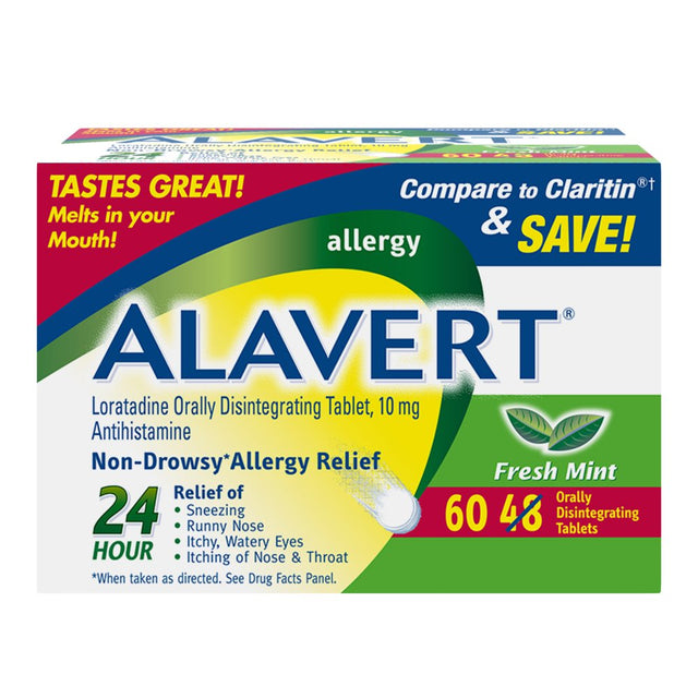 Alavert Allergy 24 Hour Relief, Fresh Mint Flavor, Orally Disintegrating Allergy Tablets, Non-Drowsy Antihistamine, Loratadine 10Mg, 60 Count