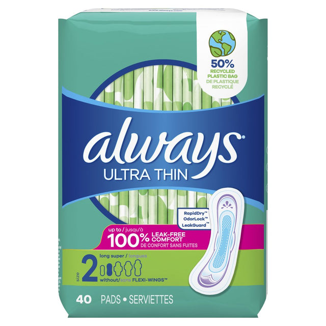 Always Ultra Thin Pads without Wings, Size 2, Long Super Absorbency, 40 CT
