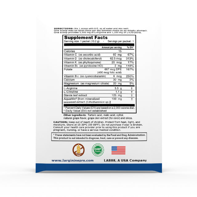 L-Arginine Pro Powder - 5500Mg L-Arginine, 1100Mg L-Citrulline Cardio Health (Grapeberry, 1 Bag (30 Packets)