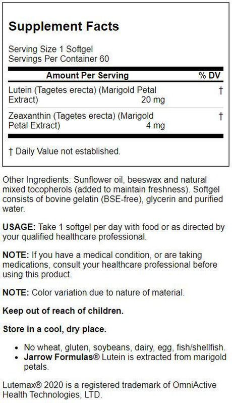 Jarrow Formulas Lutein, Supports Visual Function, 20 Mg, 60 Softgels