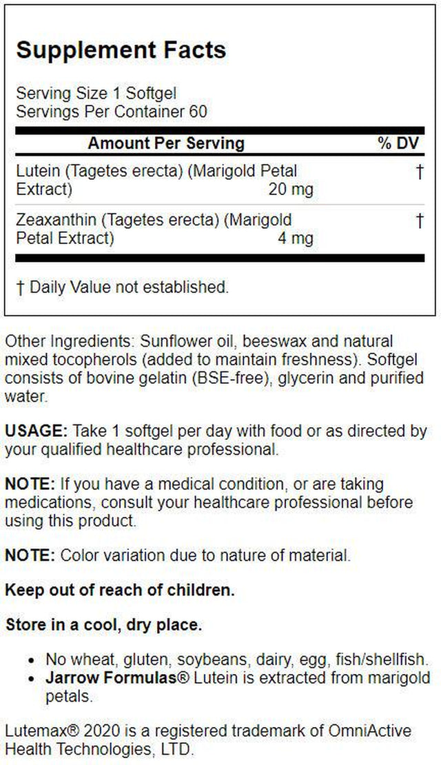 Jarrow Formulas Lutein, Supports Visual Function, 20 Mg, 60 Softgels