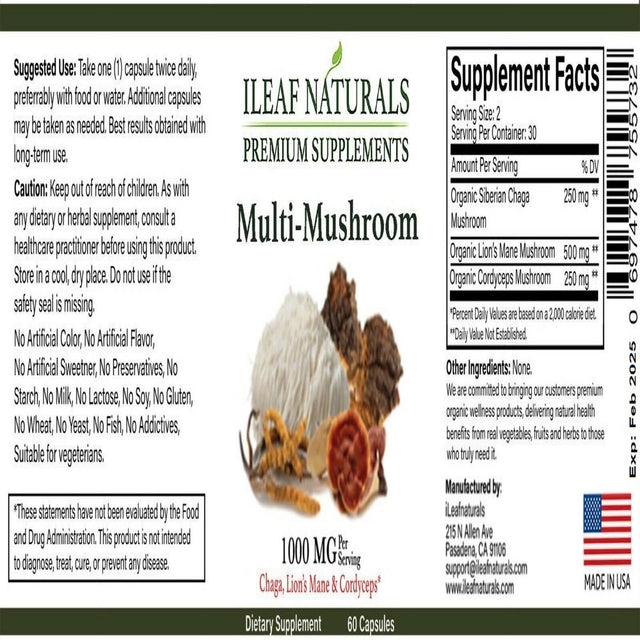 Ileaf Naturals Multi Mushroom Nootropic Blend - 60 Veggie Capsules