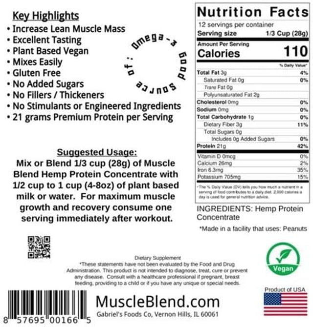 Hemp Protein Concentrate Powder, Raw Vegan, 100% Pure Unflavored, USA, Muscle Blend, 12 Oz Pouch