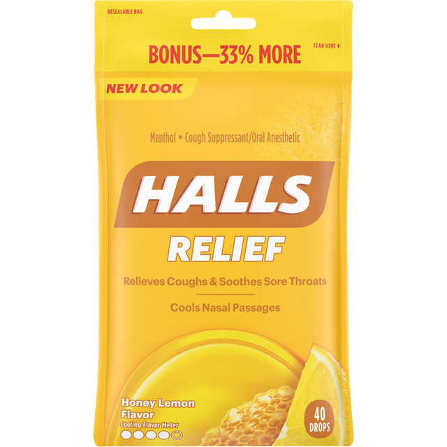 HALLS Relief Honey Lemon Flavor Cough Drops, 1 Bag (40 Total Drops)