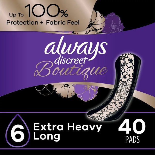Always Discreet Boutique Incontinence Pads, Extra Heavy Absorbency, Long Length, 40 CT