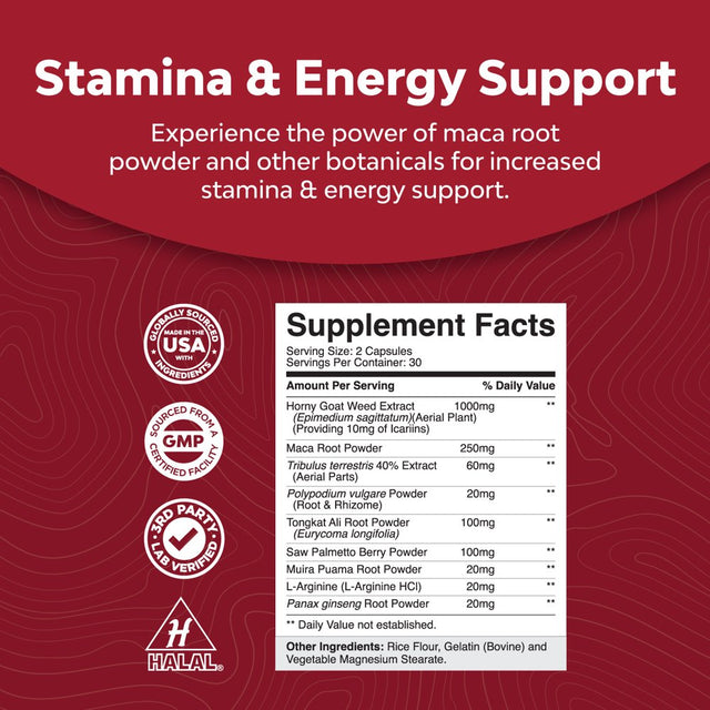 Horny Goat Weed Extract Complex - Invigorating Blend with Tribulus Saw Palmetto L Arginine and Tongkat Ali Extract and Maca Root for Men and Women for Enhanced Energy and Stamina - 60 Capsules