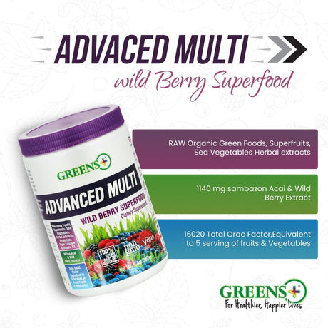 Greens plus Advanced Multi Wild Berry Superfood Powder, Fruits and Veggies Supplement, 30 Servings
