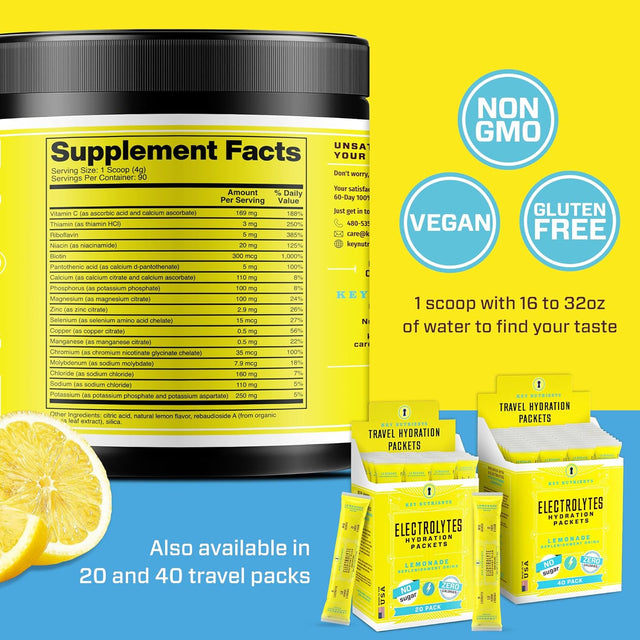 KEY NUTRIENTS Electrolytes Powder No Sugar - Refreshing Lemonade Electrolyte Powder - Hydration Powder - No Calories, Gluten Free Keto Electrolytes Powder - 90 Servings - Made in USA
