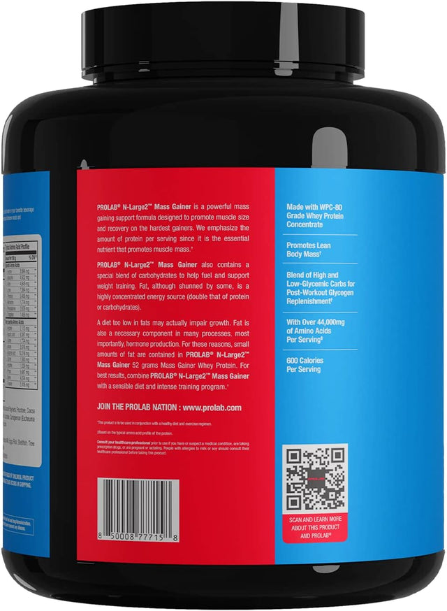 Prolab N-Large2 Mass Gainer - Powerful Mass Gaining Support Formula - Promotes Muscle Size, Growth, and Recovery - New (Chocolate Fudge Brownie, 6 LB)