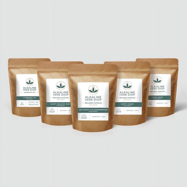 HAPPY MOOD BUNDLE - SEA MOSS & BLADDERWRACK, HAPPY HEALTHY BODY, HAPPY COLON, HAPPY MOOD, and ELDERBERRY TEA