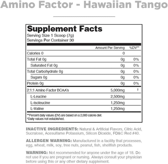 Amino Factor Instantized Bcaas, Hawaiian Tango, 30 Servings - Sugar Free Branched Chain Amino Acids Intra & Post Workout Drink - Improve Muscle Recovery & Hydration